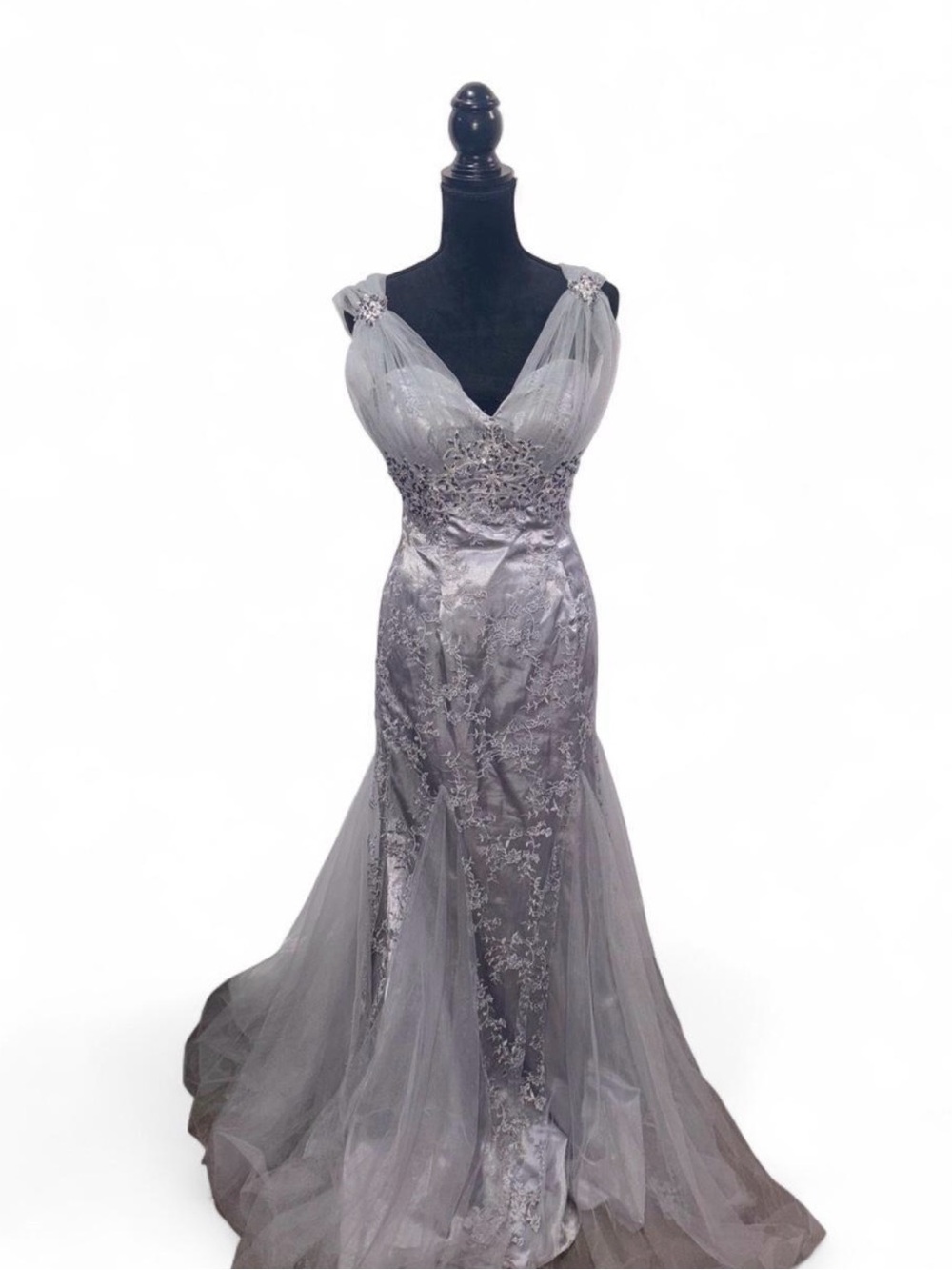Elegant Silver hand beaded mermaid Evening Gown size Medium